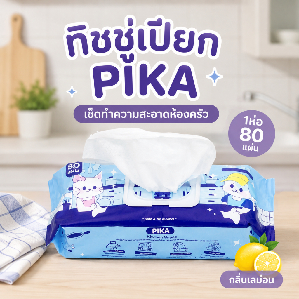 ทิชชู่ทำความสะอาดในห้องครัว 1 ห่อ มี 80 แผ่น ทิชชู่ PIKA รุ่นทำความสะอาดห้องครัว กลิ่นเลม่อนพร้อมส่ง
