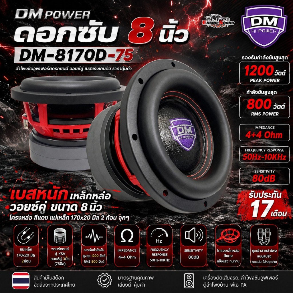 เบสแน่น แรงเกินตัว!! DM POWER DM-8170D-75 ซับวูฟเฟอร์ติดรถ 8" Dual Voice Coil 1200W โครงหล่อแดง ขอบโ