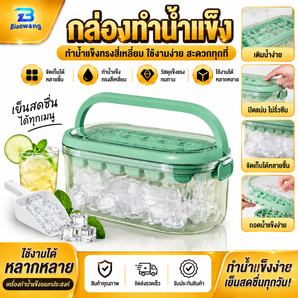 Biaowang กล่องน้ำแข็ง บล็อกน้ำแข็ง ที่ทำนํ้าแข็ง แม่พิมพ์น้ำแข็ง พิมพ์ลูกแก้ว ทำวุ้น 28 ช่องมีฝาปิด ไม่เสียรูปง่าย