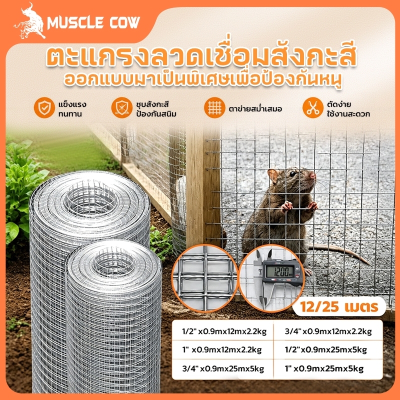 MUSCLE COW ลวดตาข่าย ชุบกัลวาไนซ์ ตาข่ายกรงไก่ ตาข่ายกรงนก ตะแกรงปูผนัง ตาข่ายลวด ลวดเหล็ก รั้วตาข่าย กันงู กันหนู ดักสั