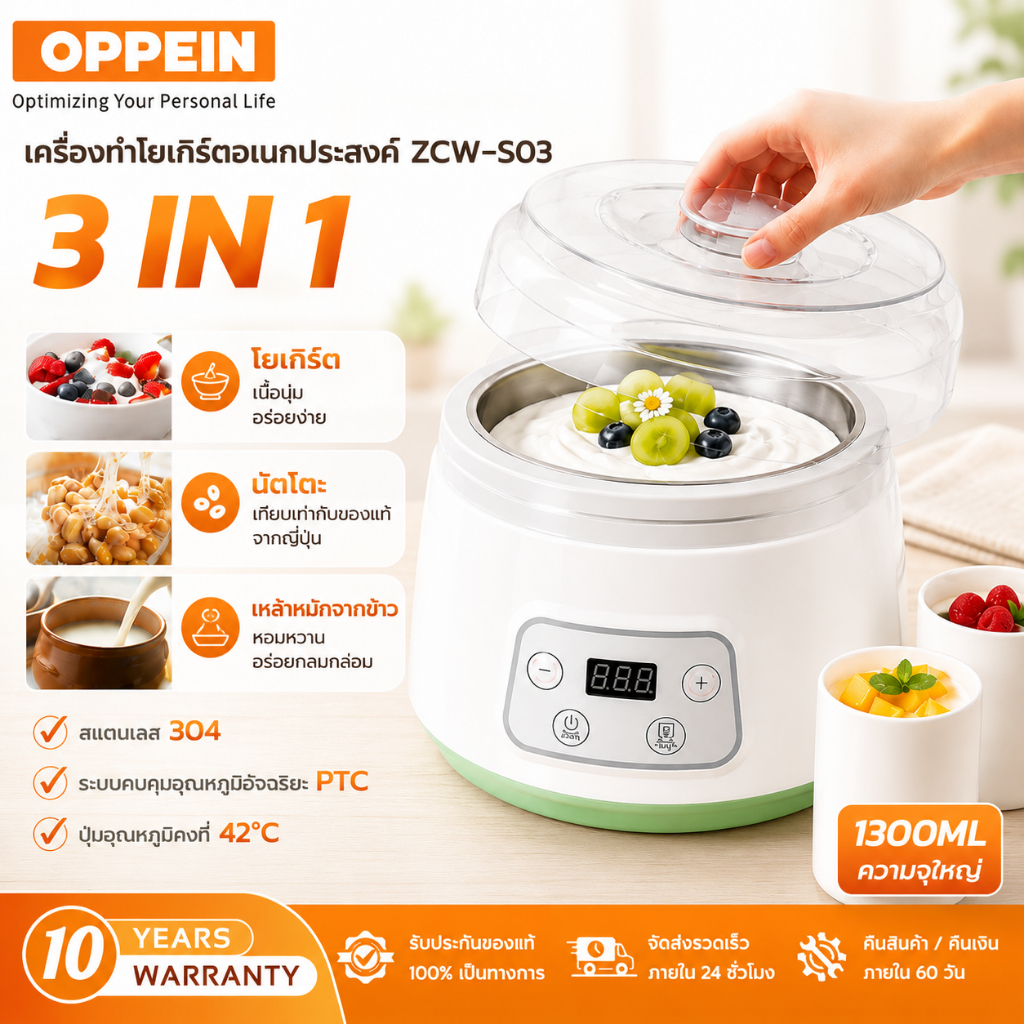 เครื่องทำโยเกิร์ต โยเกิร์ตโฮมเมด ความจุ 1300ML DIYเครื่องโยเกิร์ต ภาชนะเกรดอาหาร 304 สเตนเลส