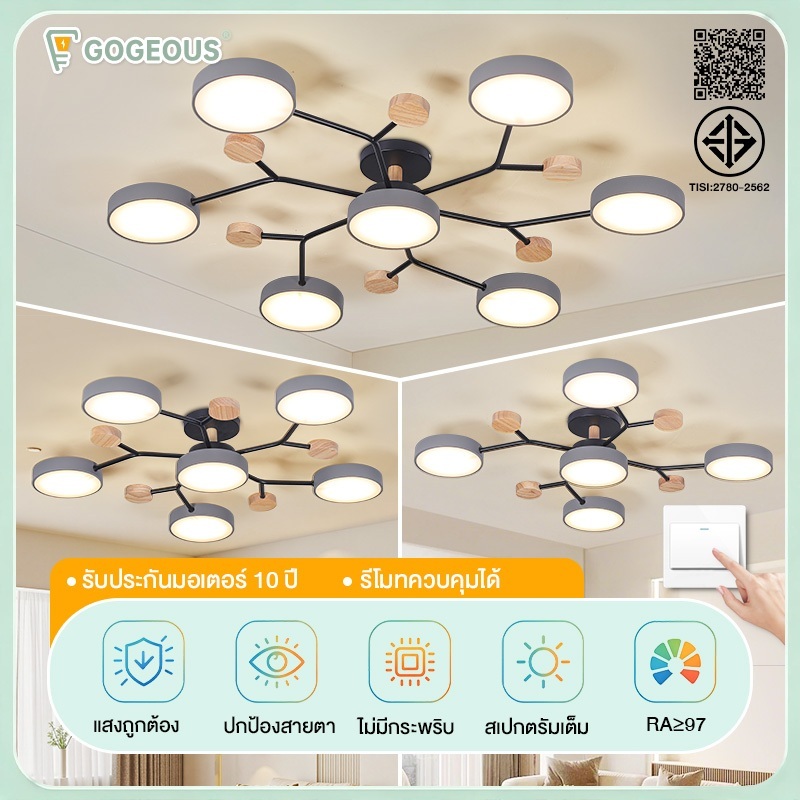 GOGEOUS ไฟเพดาน LED ทรงกลม ติดตั้งง่าย 3ปรับความสว่างได้ อายุการใช้งาน 10 ปี ห้องครัว คอนโด ห้องนั่งเล่น