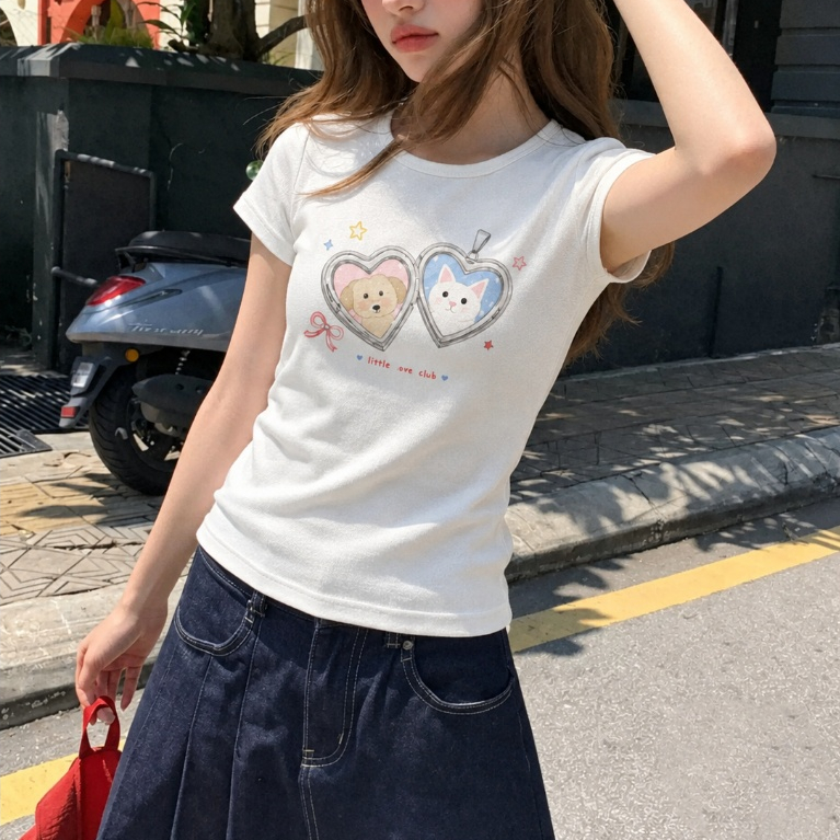 (พร้อมส่ง24ชม.) UIMI เสื้อยืดผู้หญิง Baby Tee แขนสั้น Slim Fit คอกลม ลายสุนัขกับแมวในกรอบหัวใจ สไตล์เกาหลี
