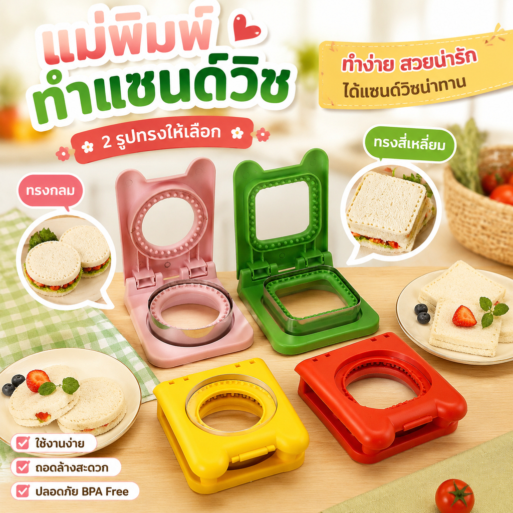 แม่พิมพ์แซนวิชวงกลม เครื่องตัดและซีลพลิกขนมปังปิ้ง สำหรับทำอาหารกลางวันเด็ก ใบมีดสแตนเลส