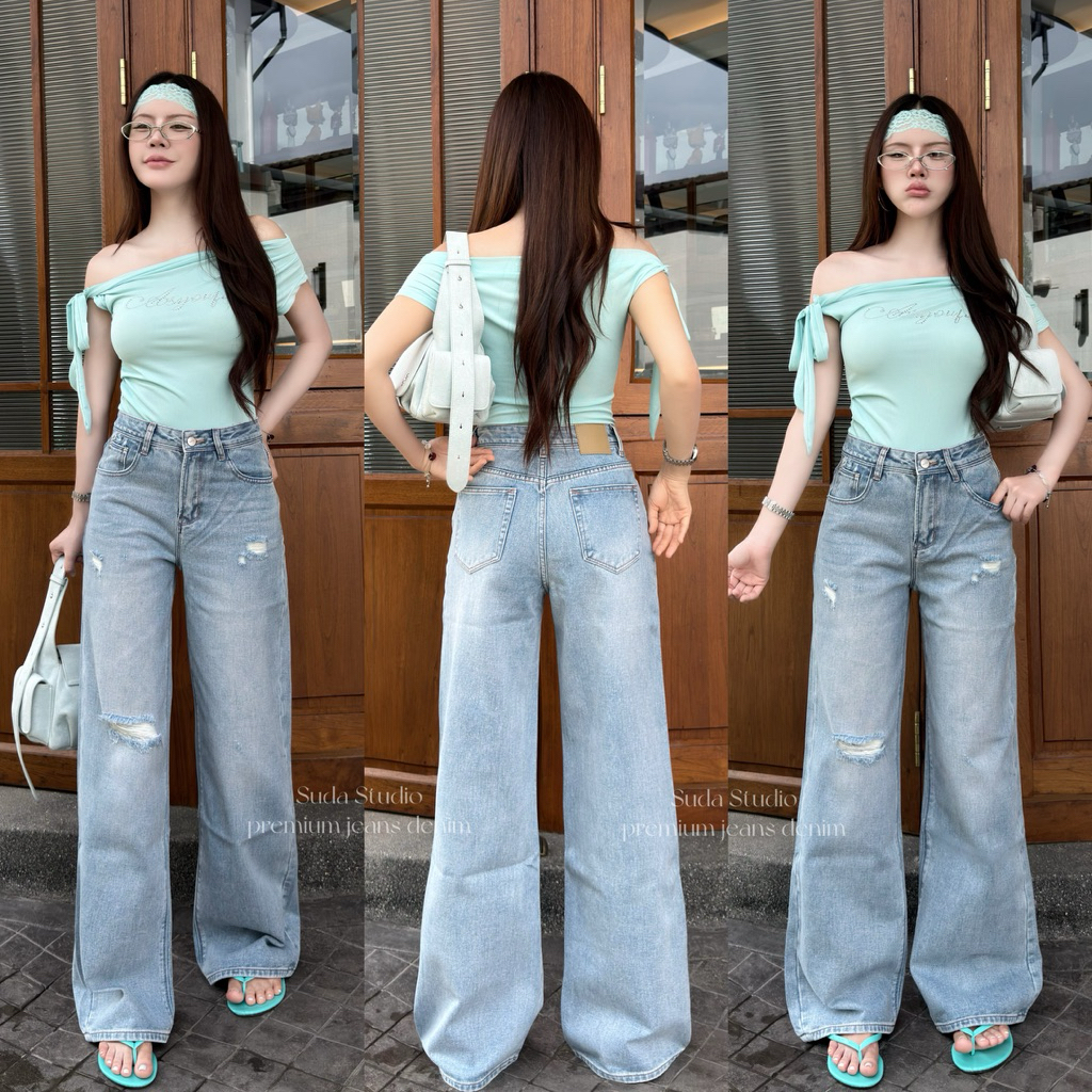 Suda Studio - SD3214 กางเกงยีนส์ทรงกระบอกกลาง (Regular Straight-Leg) เอวสูง แต่งขาดเซอร์ ซิป YKK **เ