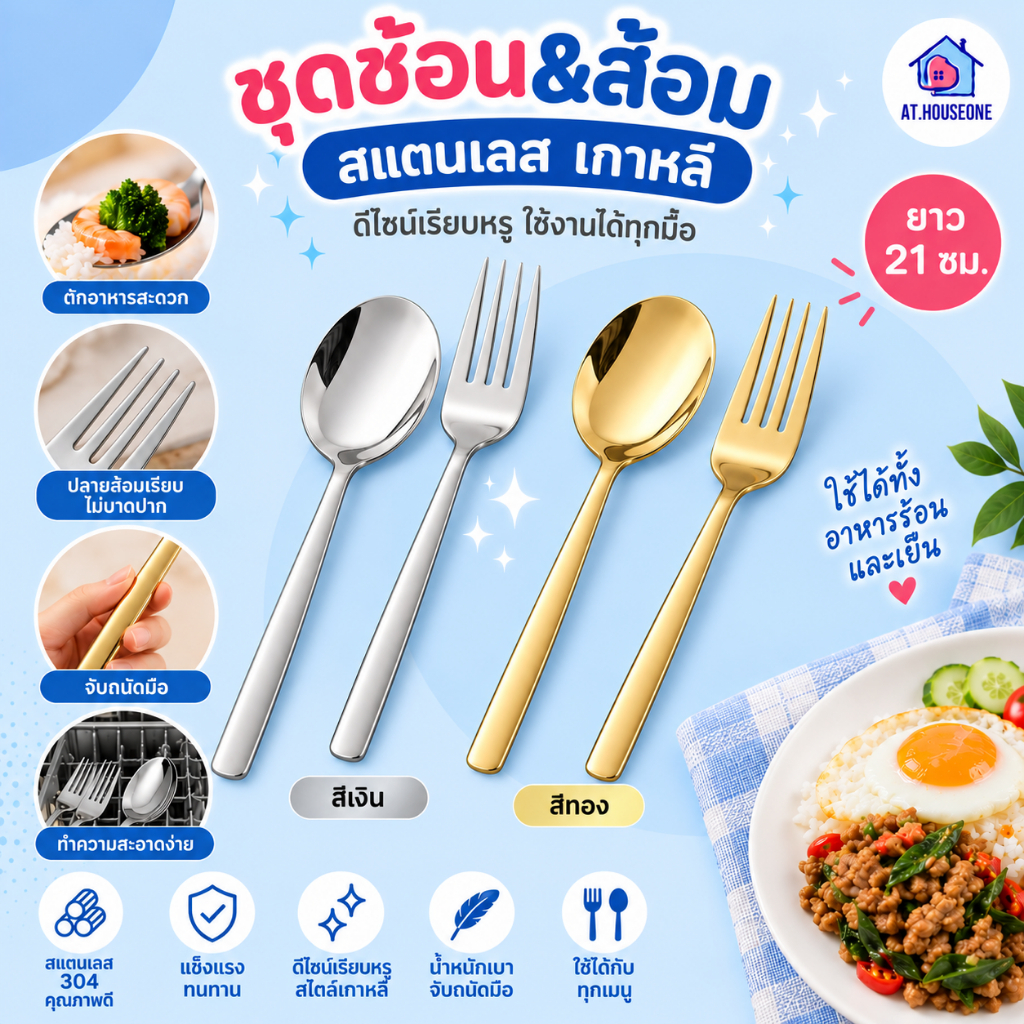 At.Houseone ช้อน&ส้อมแสตนเลส เกาหลี ยาว 21 ซม.