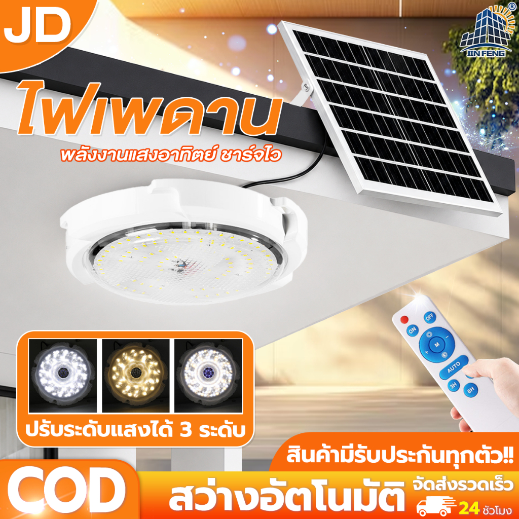 JD โคมไฟเพดาน ไฟ LED ไฟโซล่าเซลล ไฟภายใน ไฟระเบียง ไฟบ้าน โคมไฟหลายสี ชาร์จไฟอัตโนมัต เปิด-ปิดอัตโนมัติ รับประกัน2ปี