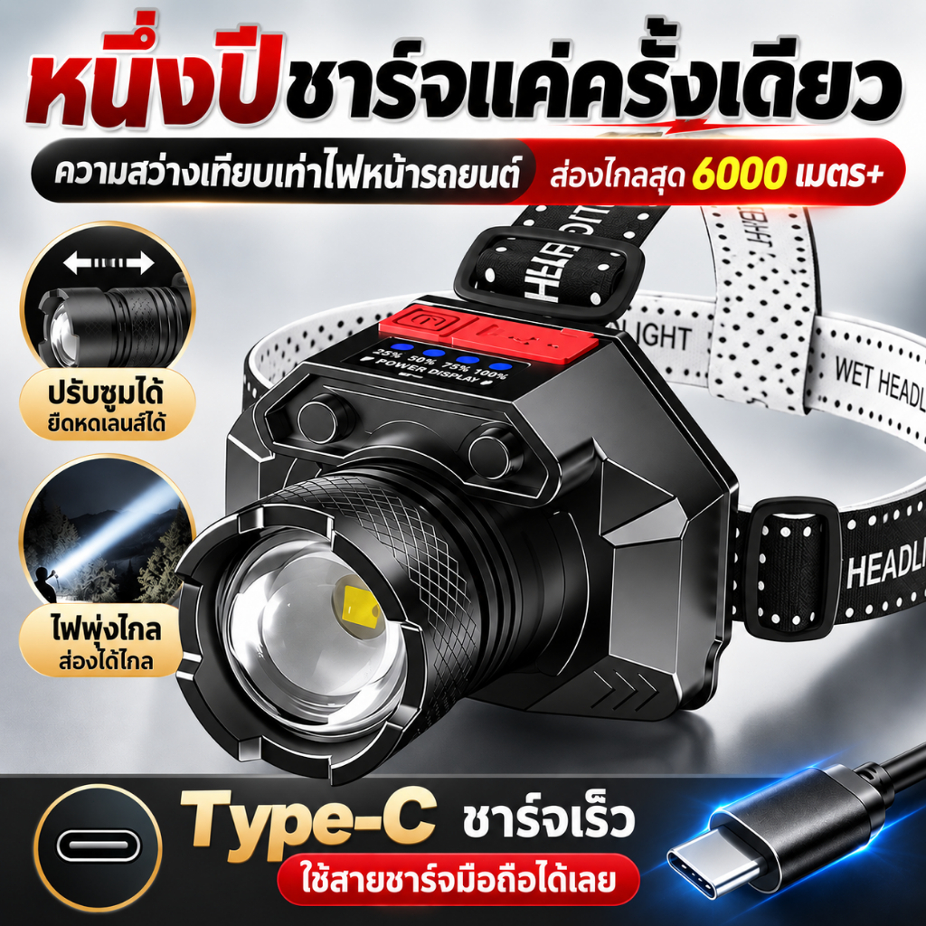 ไฟฉายคาดหัว ไฟคาดหัว หัวไฟฉายคาดหัว แสงพุ่งไกล 2000 เมตร หมุนได้90° ตกปลากลางคืน ดินป่า