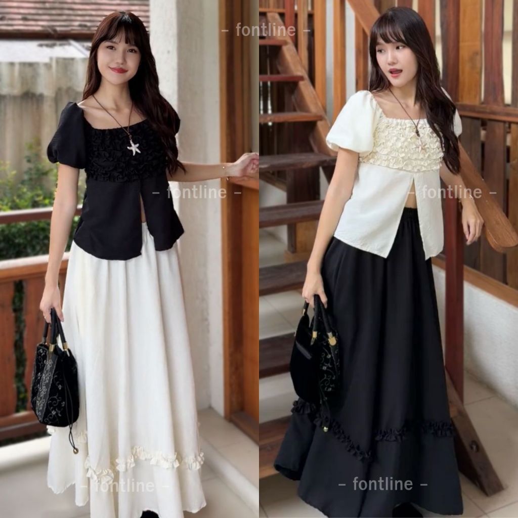 FONTLINE ชุดเซ็ต2ชิ้น เสื้อแขนตุ๊กตาน่ารัก คอเหลี่ยม ผ้านุ่มใส่สบาย เสื้อผ่าหน้า แต่งระบาย แมตช์คู่ก