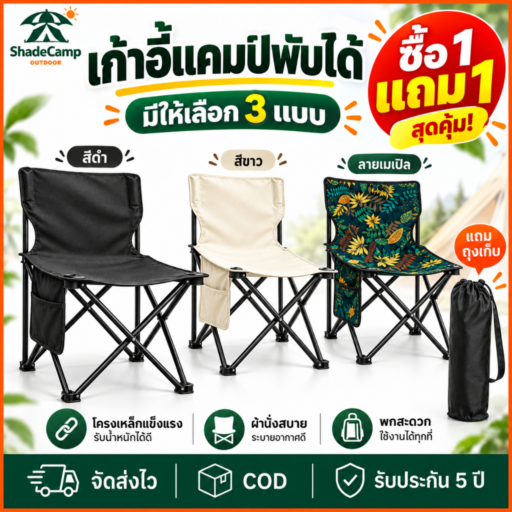 (ซื้อ1แถม1) เก้าอี้แคมป์ปิ้ง เก้าอี้พับ เก้าอี้ตกปลา พร้อมถุงเก็บแบบเป้ พกพาสะดวก แข็งแรง ทนทาน ปิกนิก