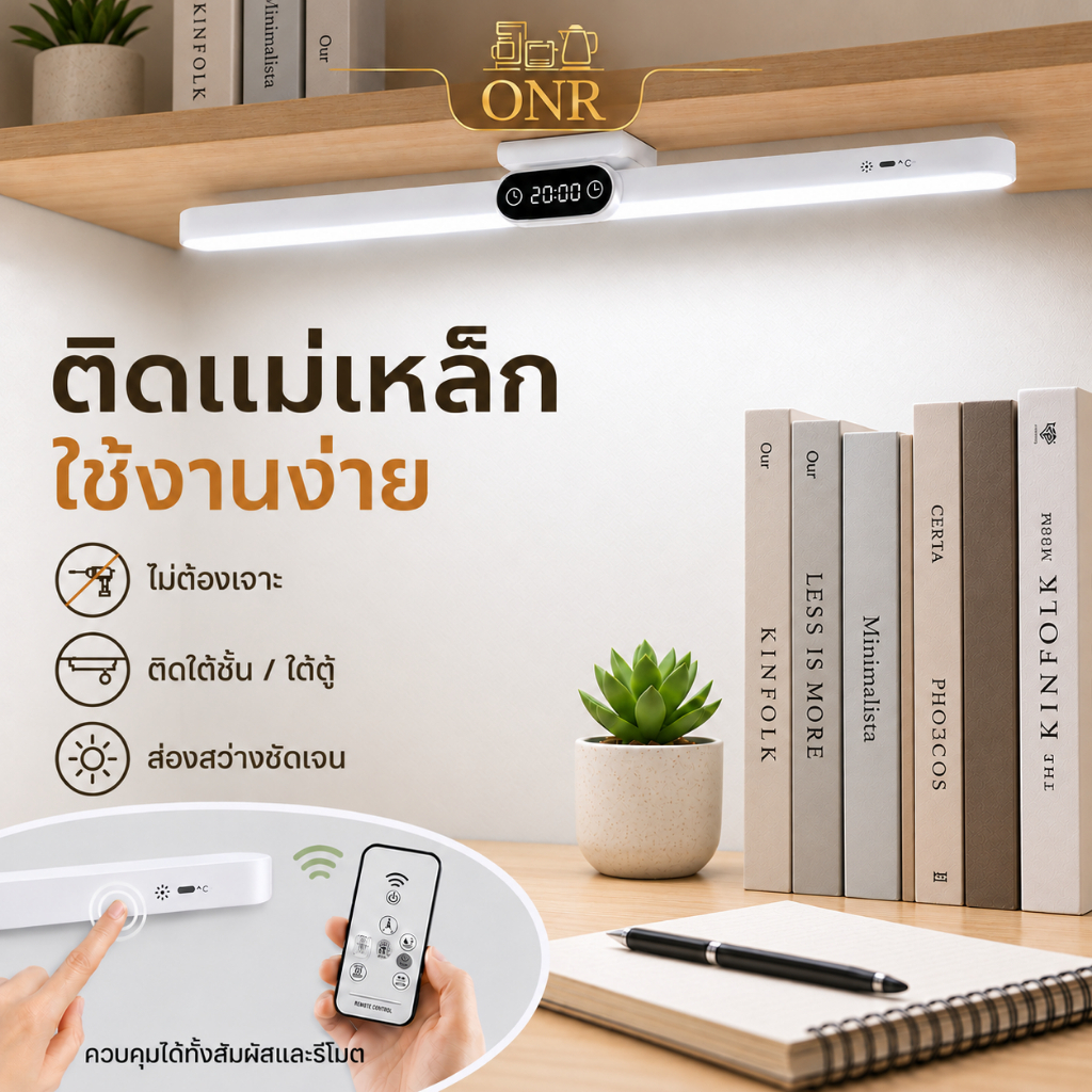 ONR โคมไฟตั้งโต๊ะ โคมไฟ Magnetic Touch Light 42ซม นาฬิกา LED 3โทนแสง หรี่ไฟ10-100% หน้าจอเวลา ชาร์จType-C