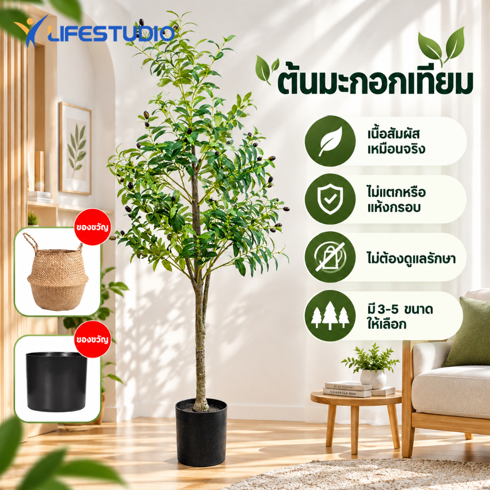 Life🎄ต้นโอลีฟ 🎄ต้นมะกอกปลอม พร้อมกระถางดำ กิ่งไม้ธรรมชาติและผลไม้ที่เหมือนจริง1.2/1.5/1.8m สำหรับตกแต่งบ้านออฟฟิศ