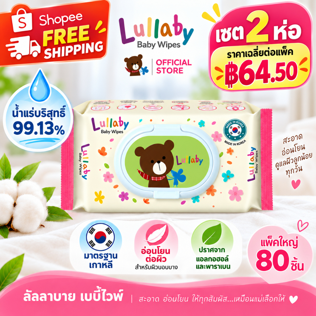[ซื้อ1ฟรี1]lullaby baby wipes ทิชชู่เปียกเด็กแรกเกิด น้ำแร่ธรรมชาติ ขนาด80แผ่น