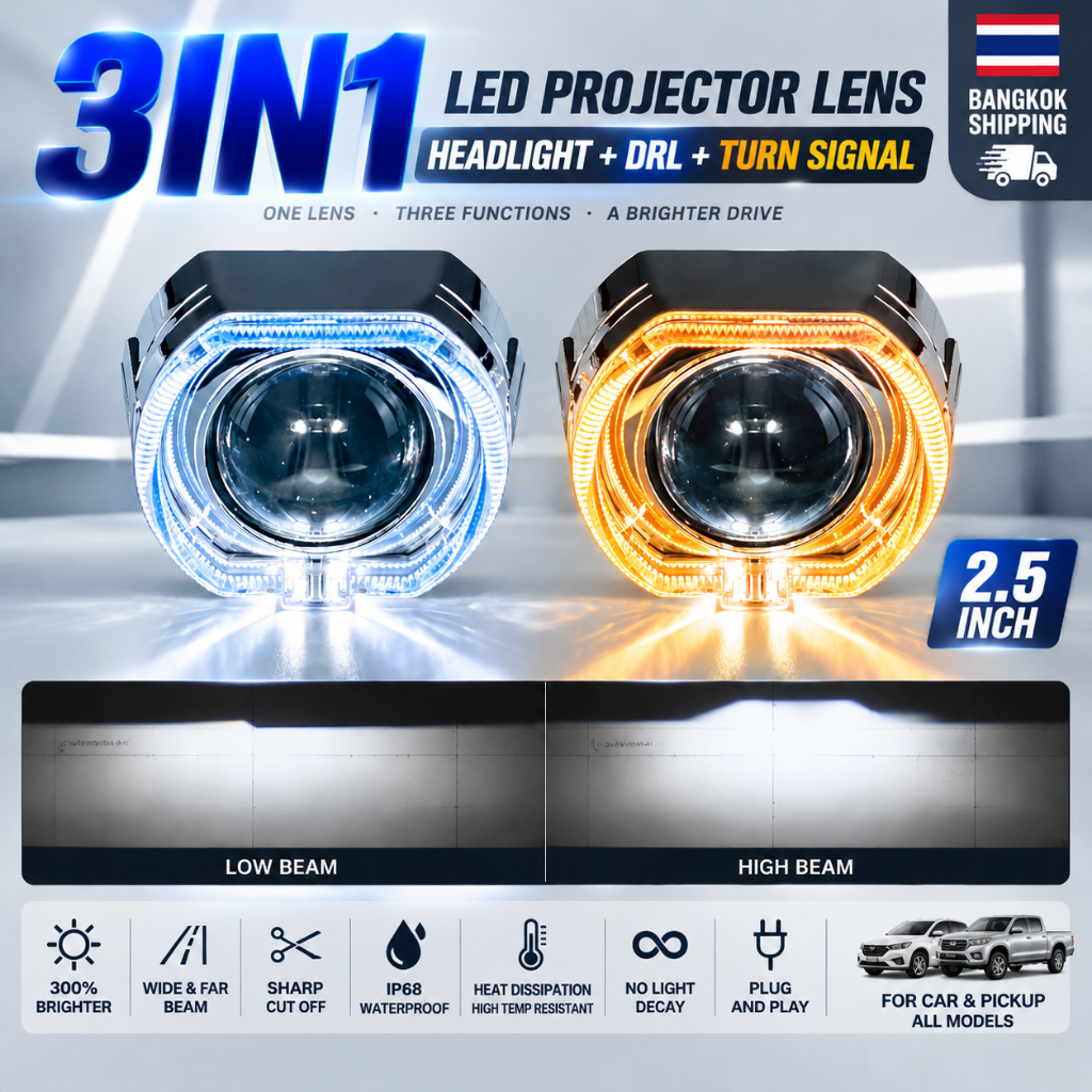 โปรเจคเตอร์ bi led 2.5 นิ้ว สไตล์ BM สีเงิน DRL hi lo beam RHD 6000K 12v สว่างกว่า โฟกัสชัด มองเห็นไ