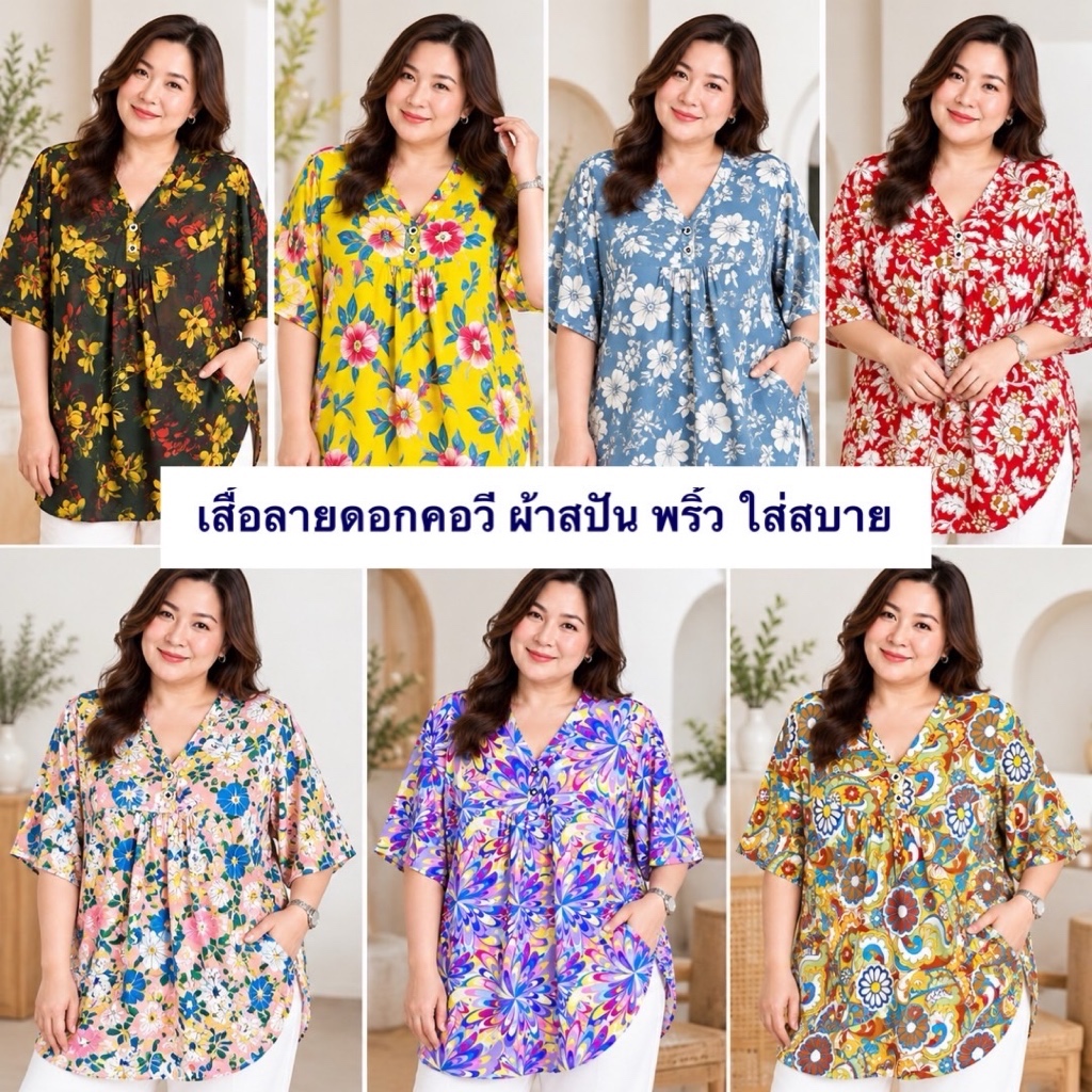 เสื้อลายดอกผ้าสปัน ผ้าพริ้วใส่สบาย เสื้อคอวีลายดอก ใส่สงกรานต์