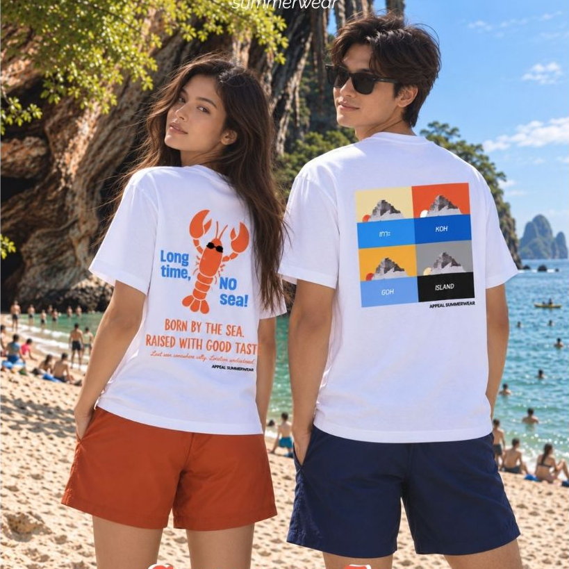 ☀️APPEAL - 🦞🏝️ เสื้อยืดขาว Summer Tee |Summer Livings - พรีเมี่ยมคอตตอน แขนสั้น สกรีนลาย อก40"-44" APT001
