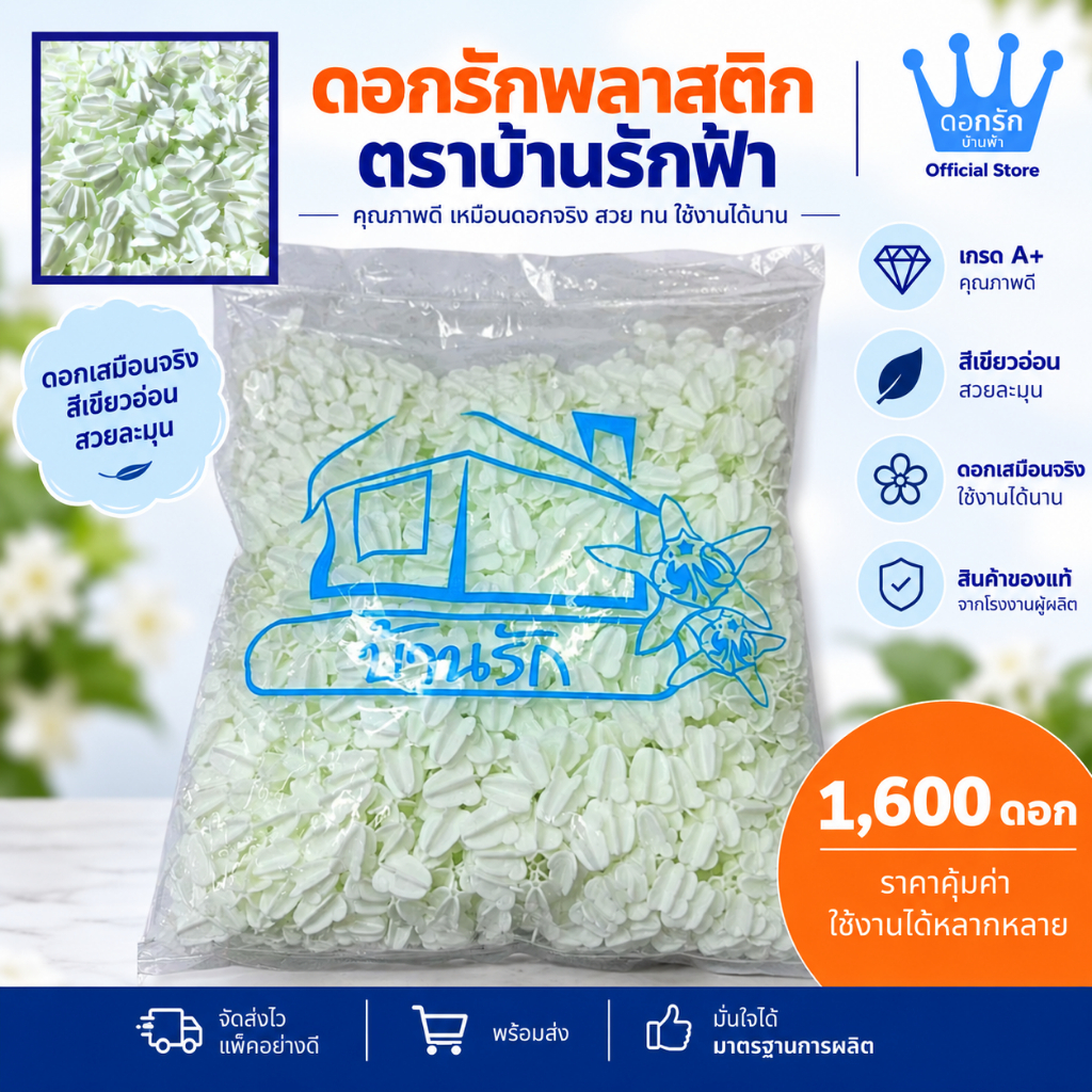 ดอกรักพลาสติก ตราบ้านรักฟ้า สีเขียวอ่อน บรรจุ 1,600++ดอก