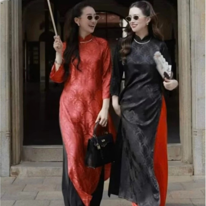 Ao dai ของผู้หญิงสมัยใหม่พร้อมผ้าลายตก สําเร็จรูป สีดําทันสมัย ao dai สําหรับงานแต่งงานและวันหยุดที่สวยงาม