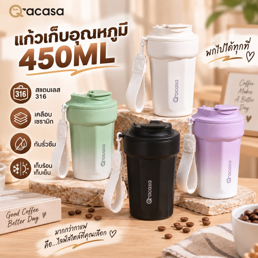 แก้วเก็บความร้อน 310 สแตนเลส 450ml กันหก เก็บร้อน-เย็นนาน พกพาสะดวก ใช้ในออฟฟิศ จัดส่งไว COD