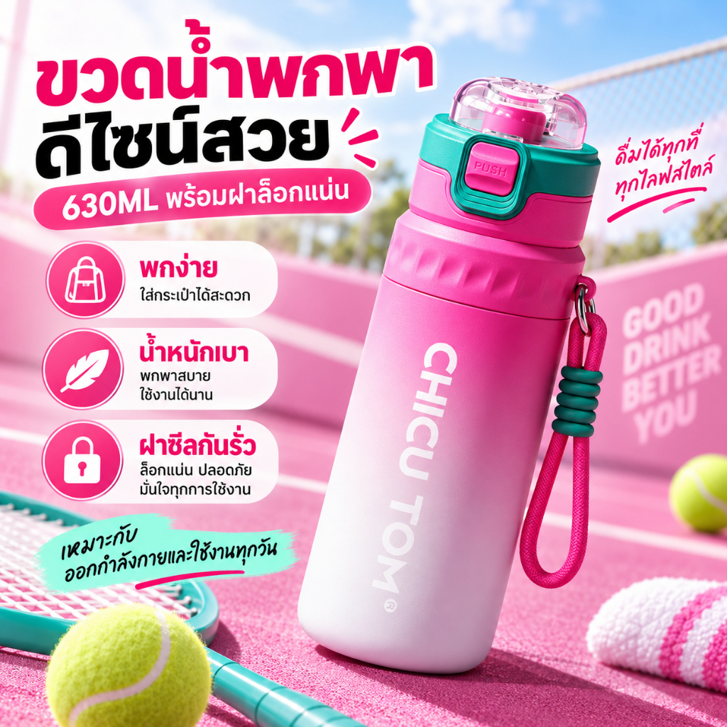 HCกระบอกน้ำเก็บอุณหภูมิ 630ML แก้วน้ำสแตนเลส เก็บร้อน-เย็น ฝาล็อกกันรั่ว พกพาสะดวก สำหรับออกกำลังกาย