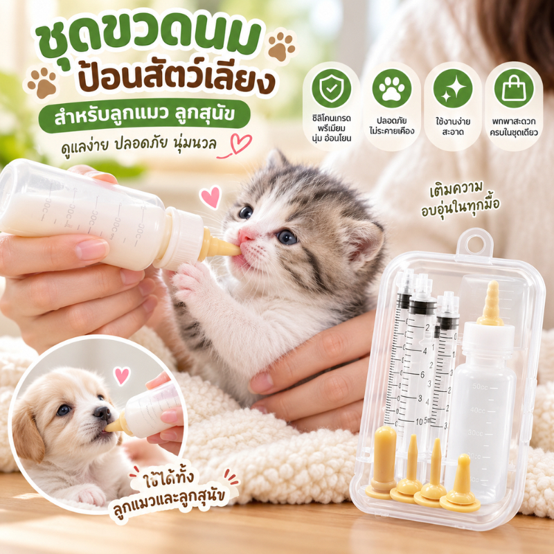 ชุดขวดนมป้อนสัตว์เลี้ยง ไซริงค์ป้อนนม จุกนมซิลิโคน ปลอดภัย ทนทาน สำหรับลูกแมว ลูกสุนัข ให้อาหาร