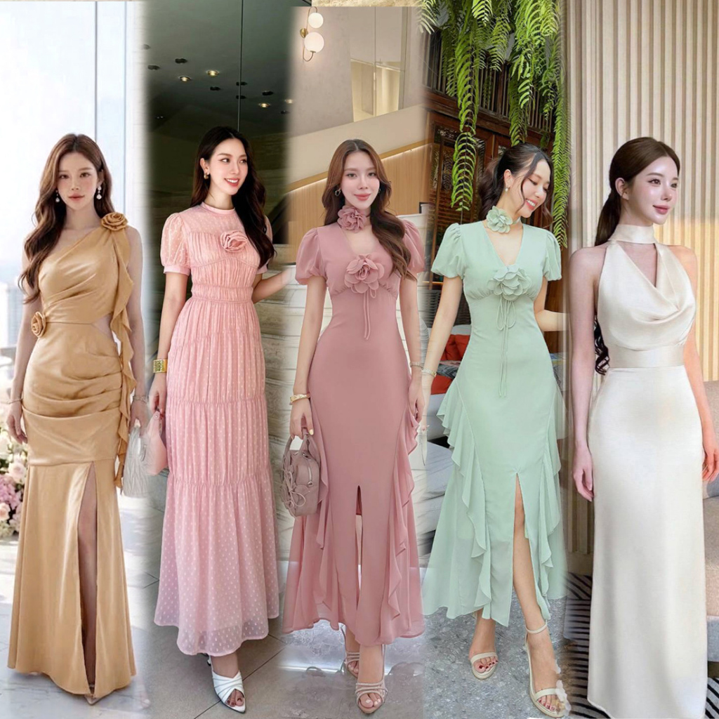 XS-XXL ชุดเดรสยาว สีครีม ชมพู เขียว ทอง ใส่ออกงาน ราตรี งานเลี้ยง ไปงานแต่ง งานบวช ชุดชีฟอง ชุดซาติน