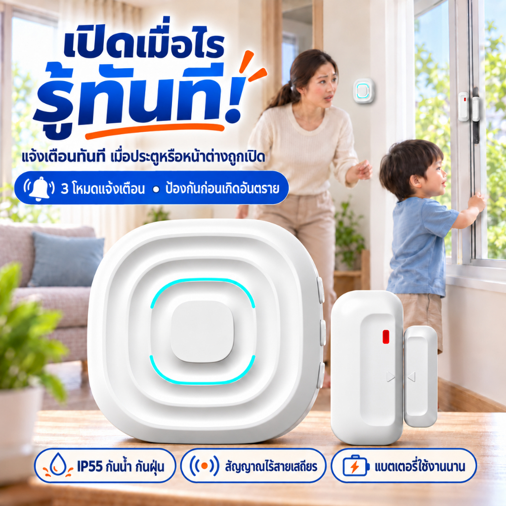 CHUNHEE เซนเซอร์ประตูไร้สาย IP55 กันน้ำ 3 โหมด กันขโมย ป้องกันเด็ก/ผู้สูงอายุ ระยะ150ม. 30เสียง COD กันน้ำIP55、เตือนประ