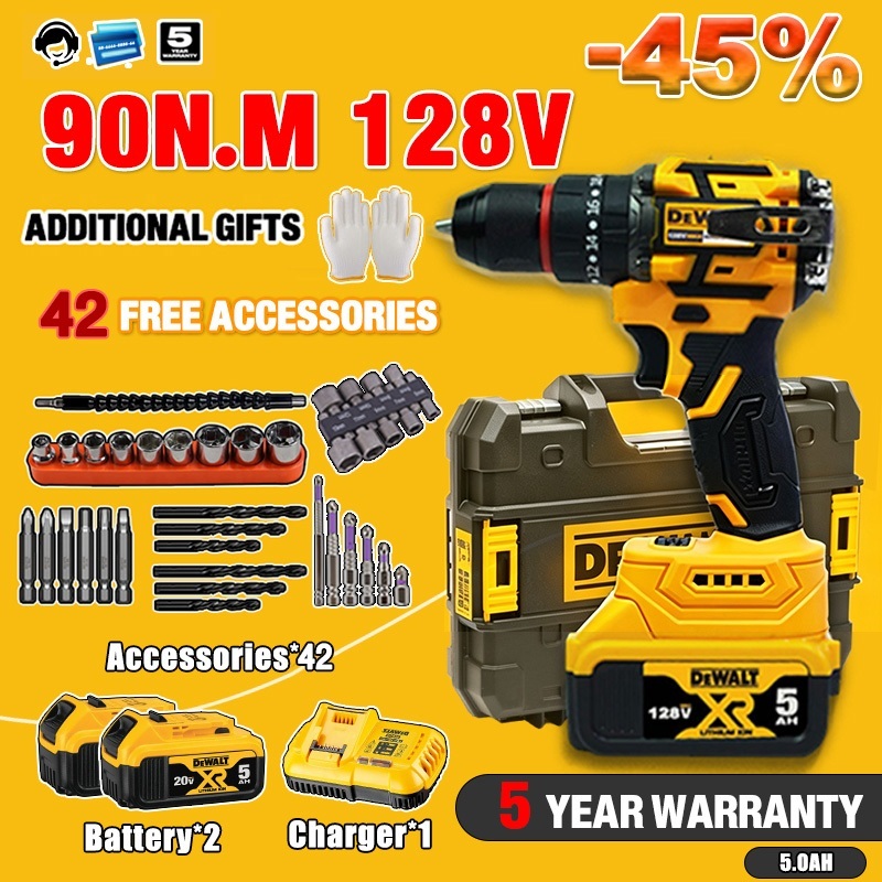 【ประกัน 2ปี】COD สว่านไร้สาย 128V สว่านไฟฟ้า สว่านกระแทก 3 ระบบ แบตเตอรี่ 2 ก้อน รองรับงานหนัก เจาะเหล็ก เจาะคอนกรีต