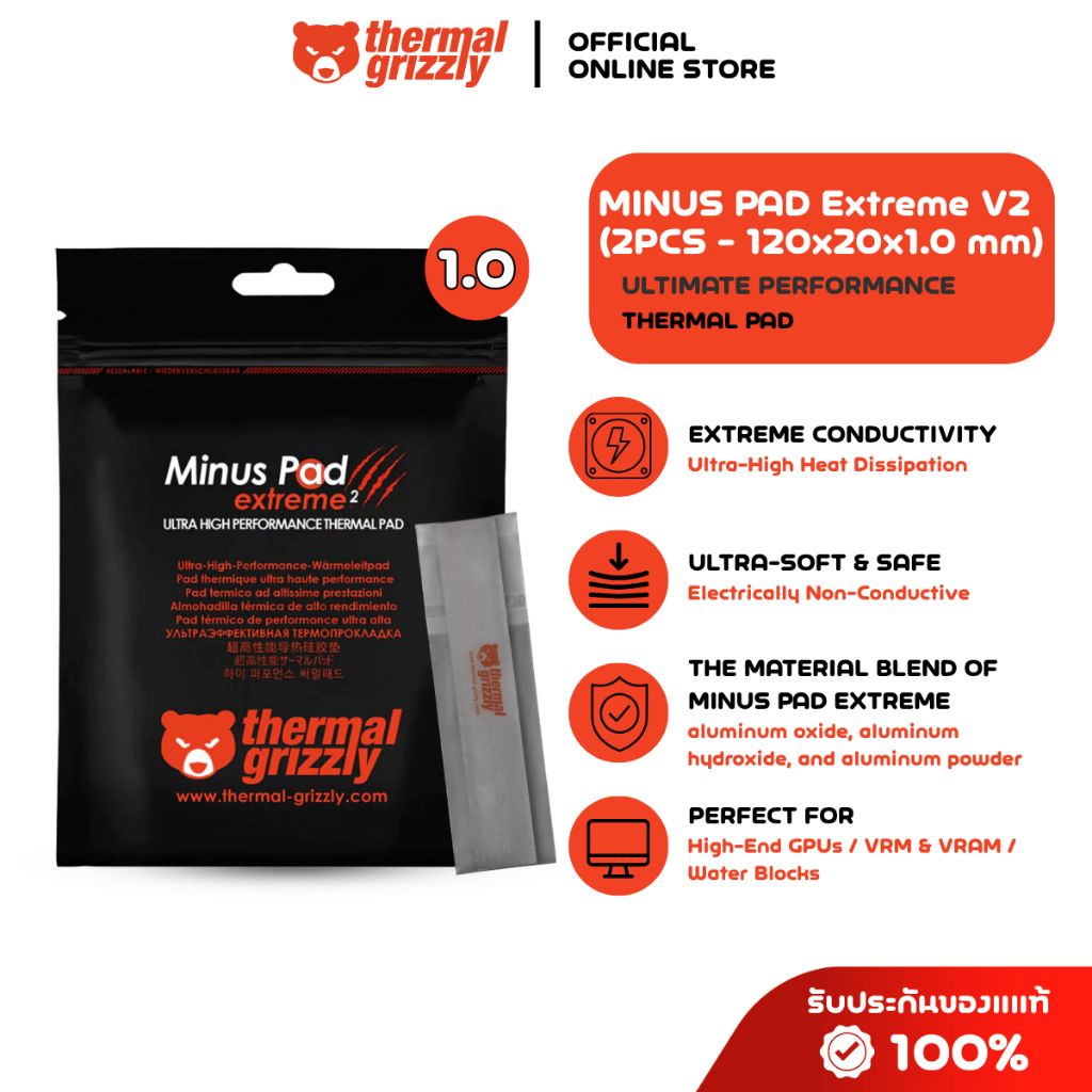 THERMAL GRIZZLY MINUS PAD Extreme V2 Thermal Pad 2PCS-120x20x1.0 mm.