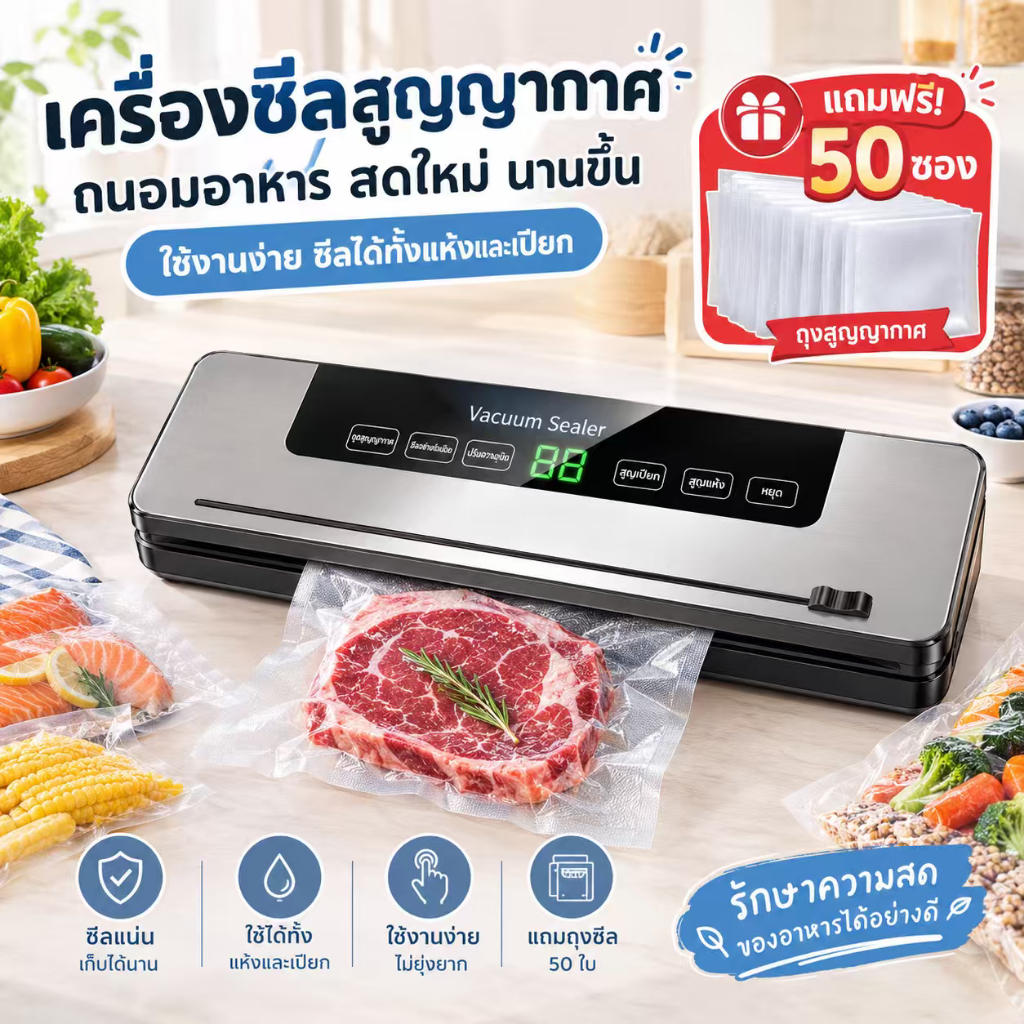 Vetaro🔥เครื่องซีลสูญญากาศ🔥ฟรีถุง50ใบ Vacuum Sealer ใช้เปียกและแห้ง แรงดูดสูงเ ยาวขึ้น มีดตัดแบบเลื่อน เครื่องซีล สูญญากา