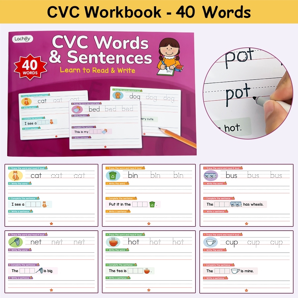 Phonics CVC Words English Workbook Homeschool for Kids Read & Write Sight Words Sentences Spelling T