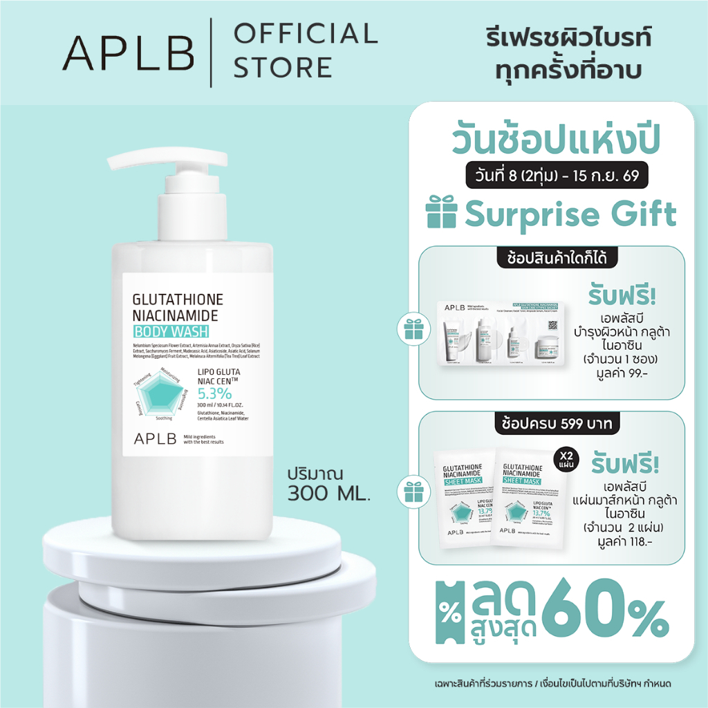 APLB [ผิวใส ลดหมอง] ครีมอาบน้ำ กลูต้าไธโอน Glutathione Niacinamide Body Wash ปริมาณ 300 ml