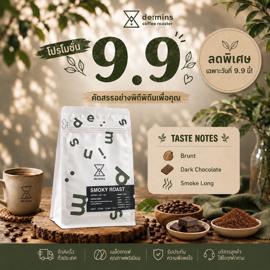 De:mins Coffee Roaster เมล็ดกาแฟ คั่วเข้ม SMOKY ROST อราบิก้า 100%