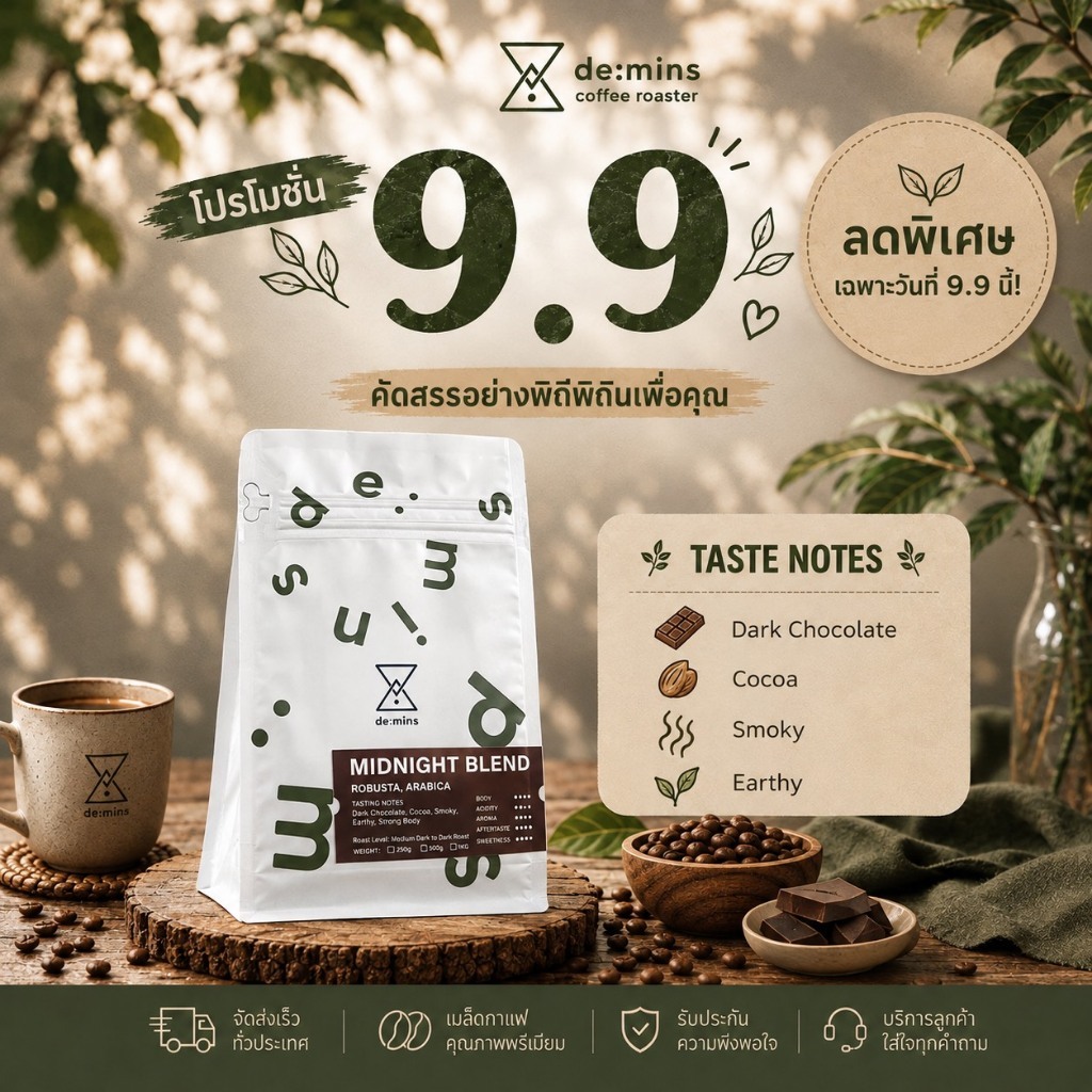 De:mins Midnight Blend เมล็ดกาแฟRobusta x Arabica คั่วกลางค่อนเข้ม - เข้ม(Medium Dark to Dark)