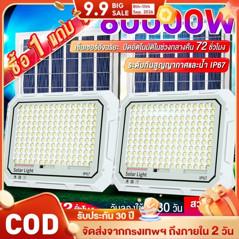 ซื้อ 1 แถม 1 โซล่าเซลล์ไฟ หลอดไฟโซลาเซล์ 1800000W ไฟโซล่าเซล ไฟสปอตไลท์ ป้องกันฟ้าผ่า กันฟ้าผ่าโซล่าเซล กันน้ำ กันฝุ่น