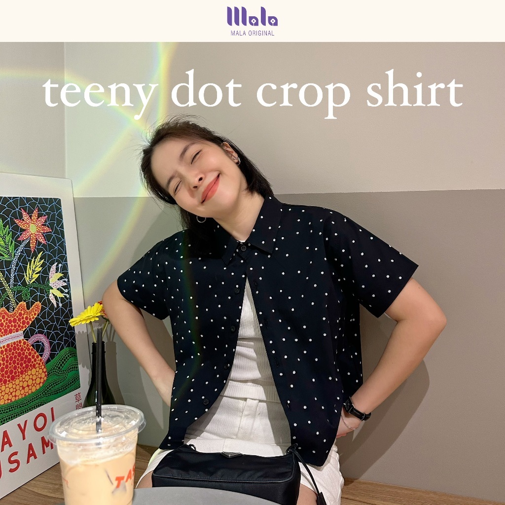 MalaOriginal |【New】Teeny Dot Crop Shirt เสื้อเชิ้ตครอป แขนสั้น ลายจุดเล็ก พื้นดำจุดขาว