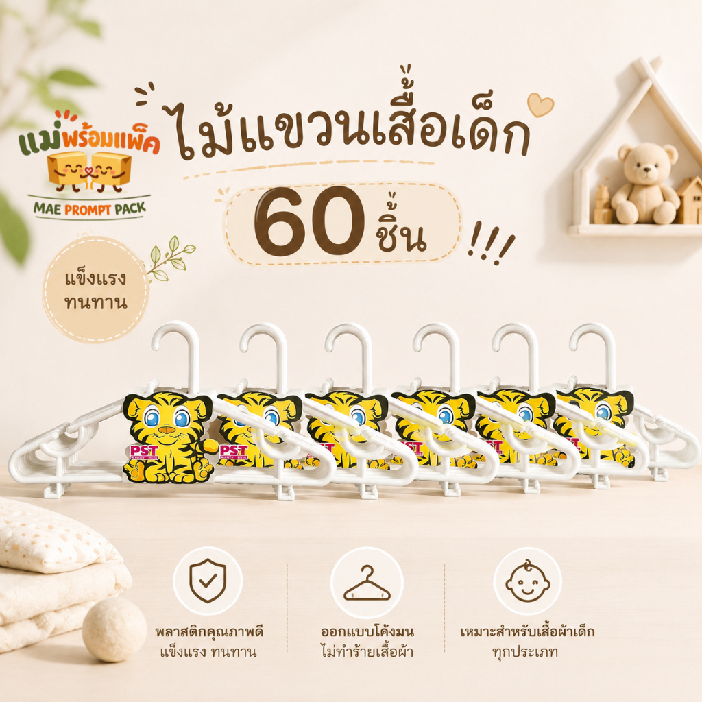 60 ชิ้น ไม้แขวนเสื้อเด็ก ไม้แขวนเสื้อมินิมอล ผลิตไทย ไม้แขวนเสื้อ พลาสติก