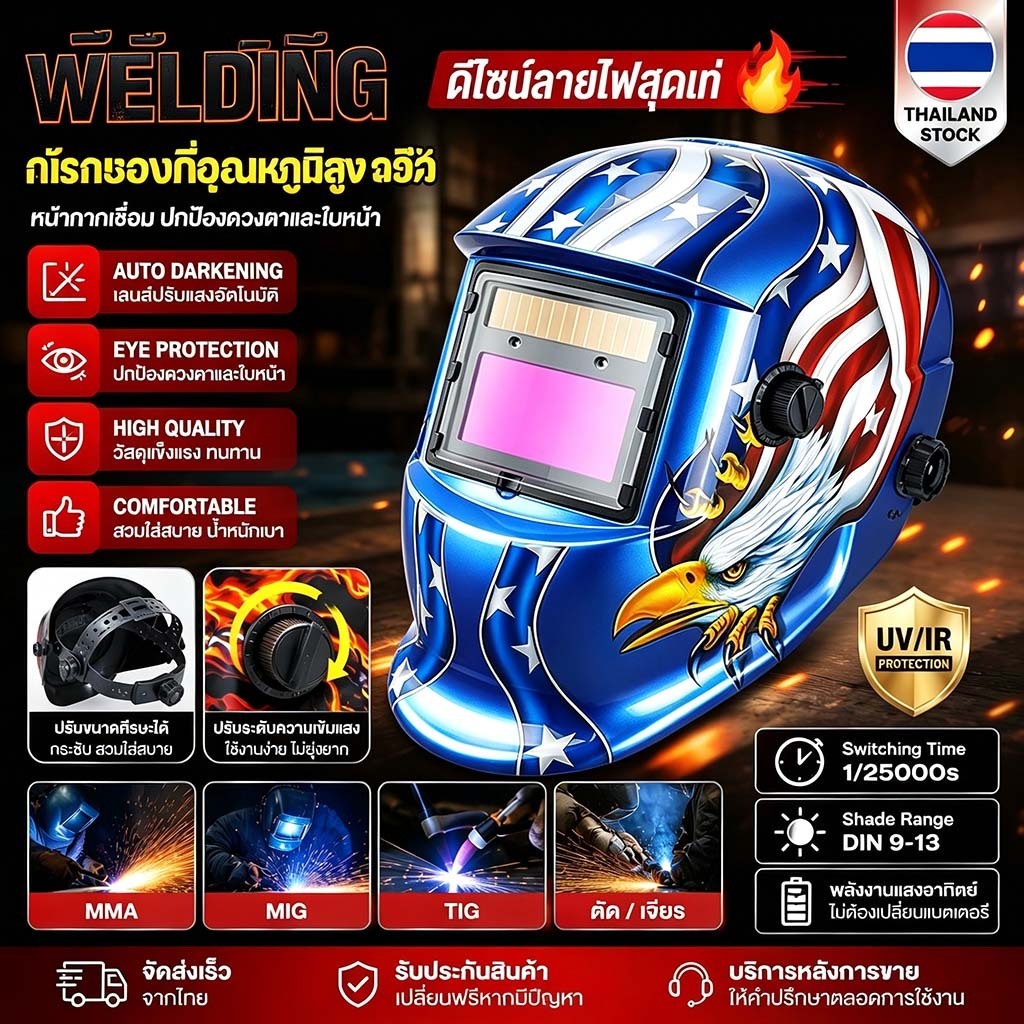 หน้ากากเชื่อมคุณภาพสูง ทนทานไม่แตกง่าย ปกป้องดวงตาได้ดี ดีไซน์เท่สะดุดตา สวมใส่เท่ไม่มีใครเทียบ