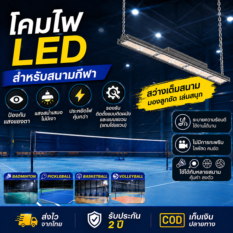 โคมไฟ LED สนามกีฬา กันแสงแยงตา ไม่มีเงา กันน้ำระดับ IP65 สำหรับสนามแบดมินตัน Pickleball บาสเกตบอล วอลเลย์บอล