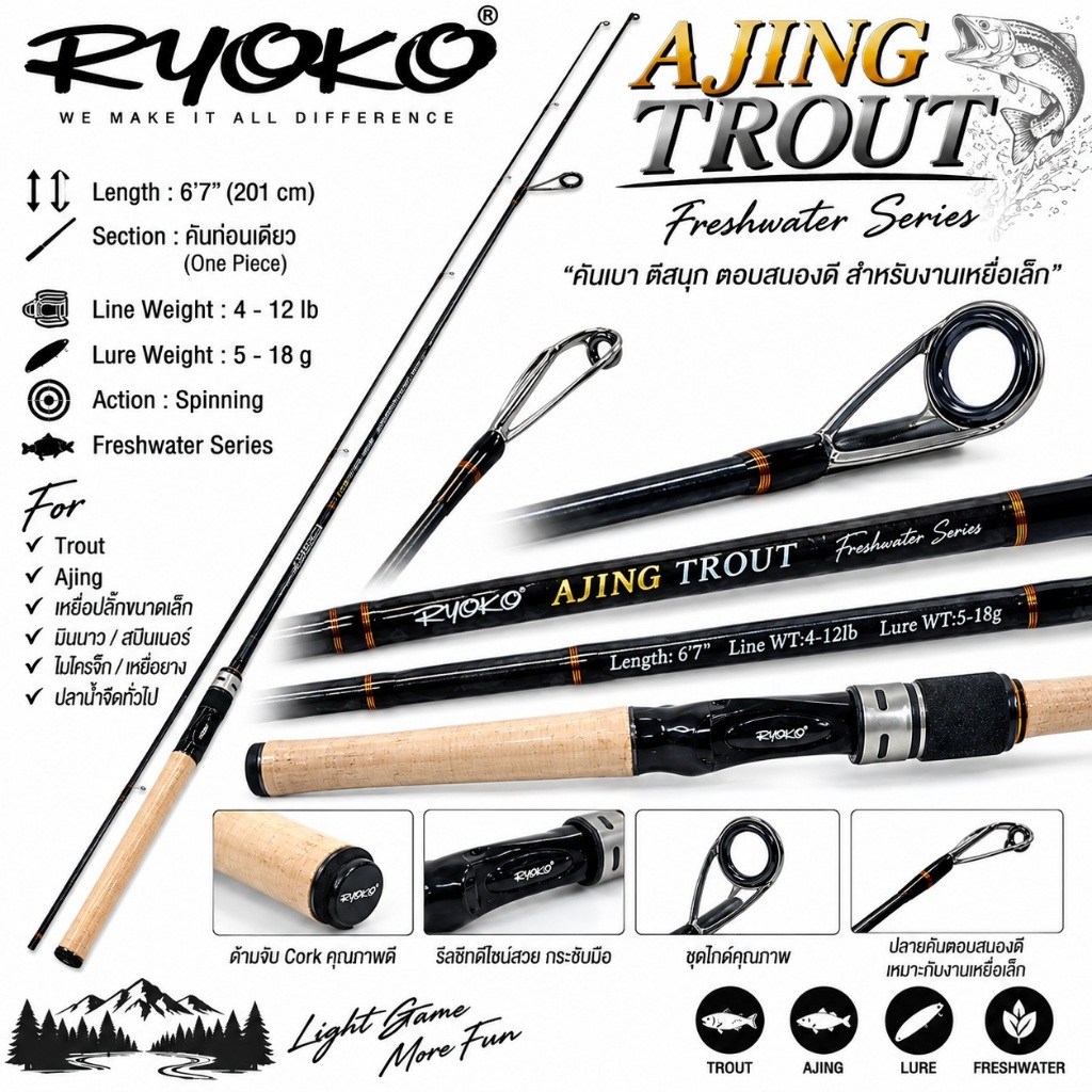 (ส่งทุกวัน) คัน ตกปลา เรียวโกะ RYOKO AJING TROUT UL เวท 4-12lb ยาว 6.7 ฟุต ท่อนเดียว ด้ามก๊อก