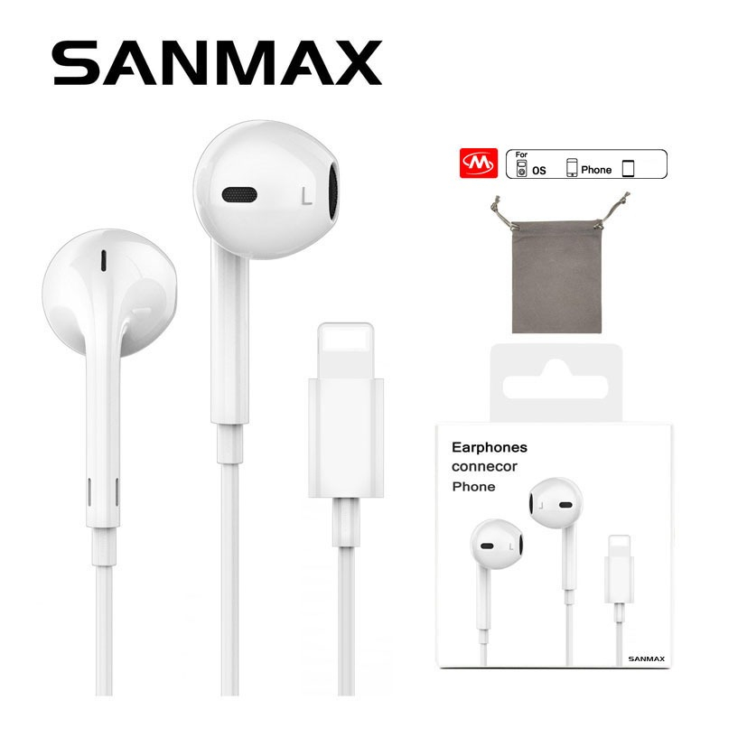 หูฟัง Sanmax D14 อินเตอร์เฟซสายฟ้า โทรชัด เสียงดี ไม่ใช้บลูทูธ สำหรับ รุ่น phone 7 8 x  11 12 13 14