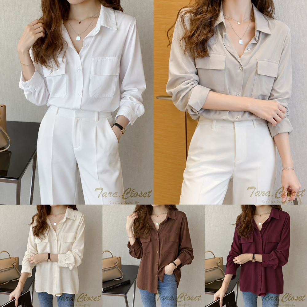 PR001 TARA Shirt เสื้อเชิ้ต แขนยาว กระเป๋าคู่ ทรงน่ารักมาก ผ้าปารีส ผ้าดี ใส่สบาย ไม่ร้อน ดีเทลเก๋ๆ เสื้อสวย เสื้อทำงาน
