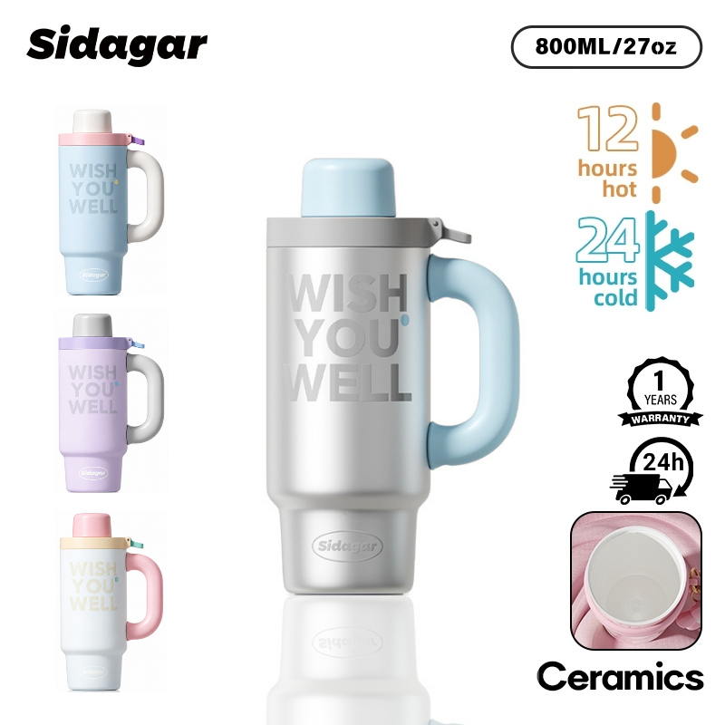 Sidagar แก้วเก็บความเย็น เคลือบเซรามิก ขนาด800 มล กดเปิดฝาอัตโนมัติ ความจุขนาดใหญ่ แก้วเก็บอุณหภูมิ