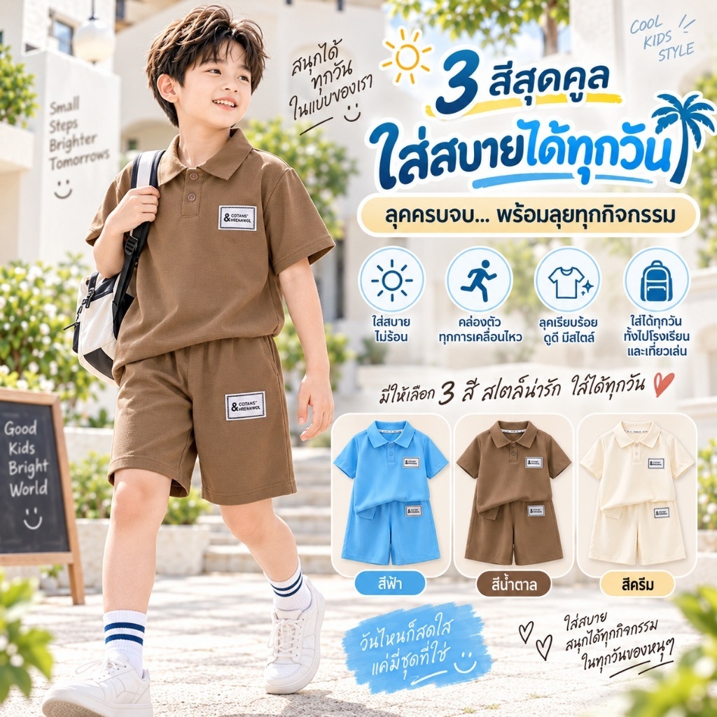 ชุดโปโลเด็ก ชุดเซ็ตเด็ก เสื้อโปโลแขนสั้น กางเกงขาสั้น เซต 2 ชิ้น สีพื้น ใส่สบาย สำหรับเด็ก 2-15 ปี
