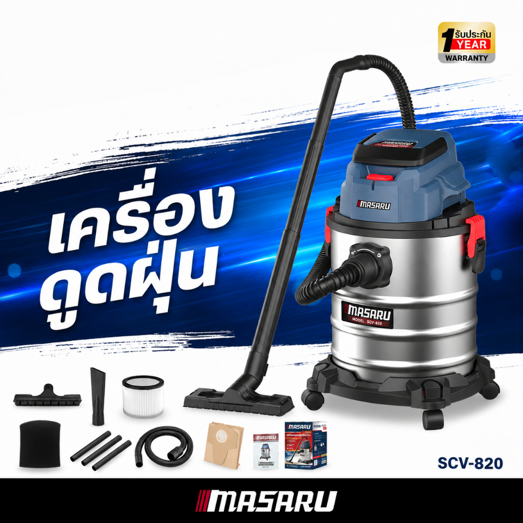เครื่องดูดฝุ่น MASARU SCV-820 เครื่องดูดฝุ่นไร้สาย 25 ลิตร ดูดทั้งแห้งและเปียก ประกัน 1 ปี