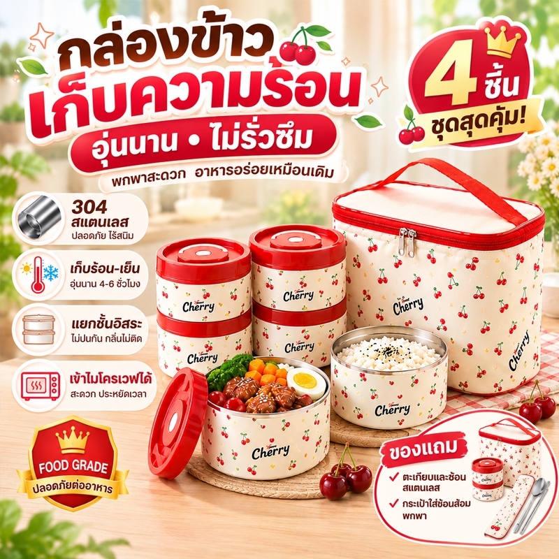 🍒กล่องข้าว 2/3/4 ชั้น ปิ่นโต กล่องอาหาร วัสดุสแตนเลสสตีล 304 สแตนเลสช้อนตะเกียบ + ถุงบรรจุ ฟรี กันรั่ว เก็บร้อน