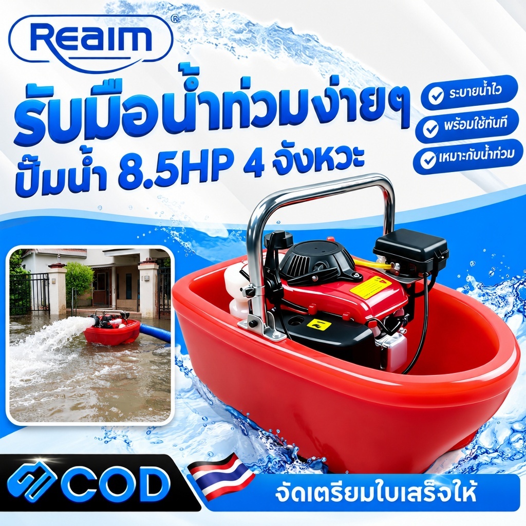 REAIM ปั๊มน้ำ เรือรดน้ำ 4จังหวะ เครื่องสูบน้ำแรงดันสูง 2นิ้ว ใช้กับสวนเกษตร ใช้งานสะดวกทุกสภาพน้ำ