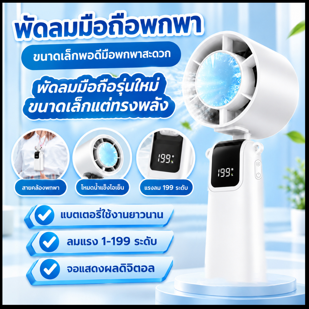 พัดลมไอเย็น ปรับลม199ระดับ เย็น16°C มอเตอร์13000rpm แบตใหญ่ ปรับ90° พัดลมแคมป์ปิ้ง