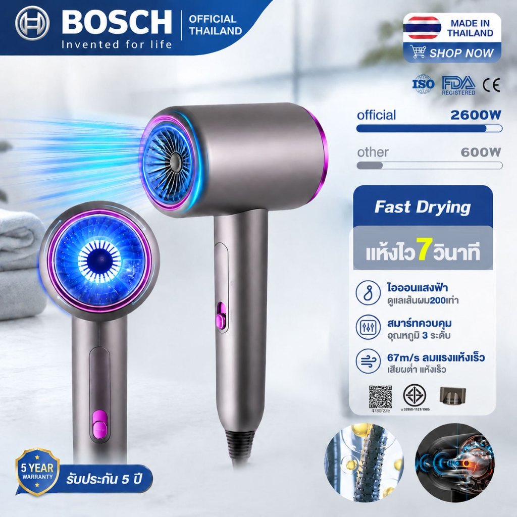 [รับประกันตลอดช] ไดร์เป่าผม 2600W เงียบเป็นพิเศษ อุณหภูมิ 3 ระดับ คอลลาเจนบำรุงผม เงียบเป็นพิเศษ ไดเป่าผม hair dryer
