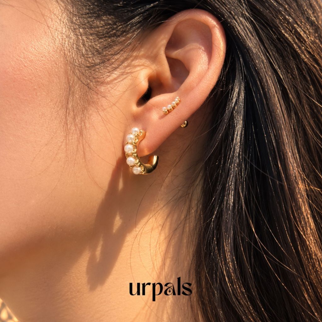 URPALS ต่างหูห่วง Stainless ชุบทอง 18K ฝังมุกเทียม ดีไซน์เก๋ ทนน้ำ ทนเหงื่อได้ดี ขนาด 19 mm